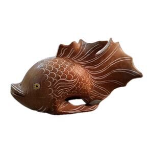 Handcarved Sealife Aquatic Goldfish Wood Tan Decorative Figurine 9"Lx4.5"T